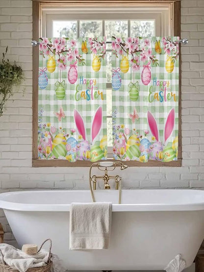 Happy Easter Tier Curtains 45 Inches Long, Spring Bunny Eggs Flower Sage Green - Image 7