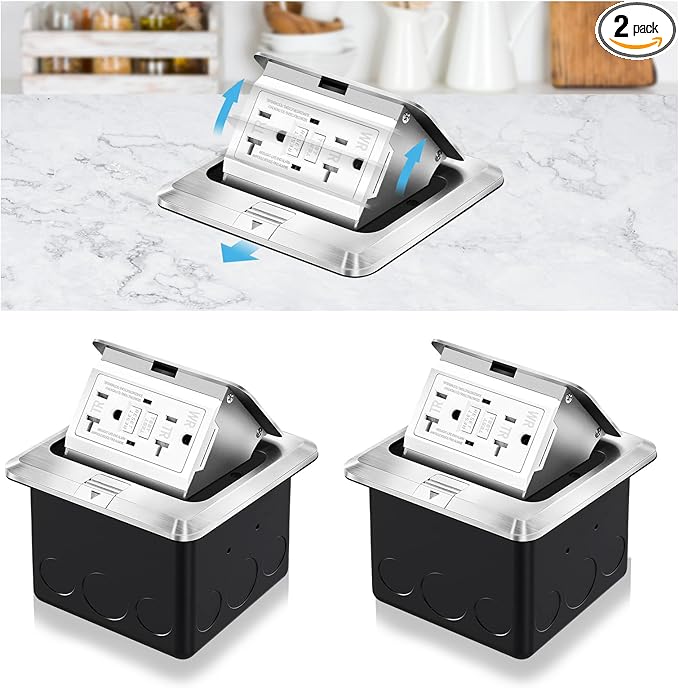 Vagueior Recessed Floor Electrical Outlet Kit,Waterproof Electrical Outlet Covcer Box,Hidden GFCI Outlet+20A Tamper-Resistant Receptacle Outlet with Slow Elastic Damping，ETL Certified，Silver(2 Pack)