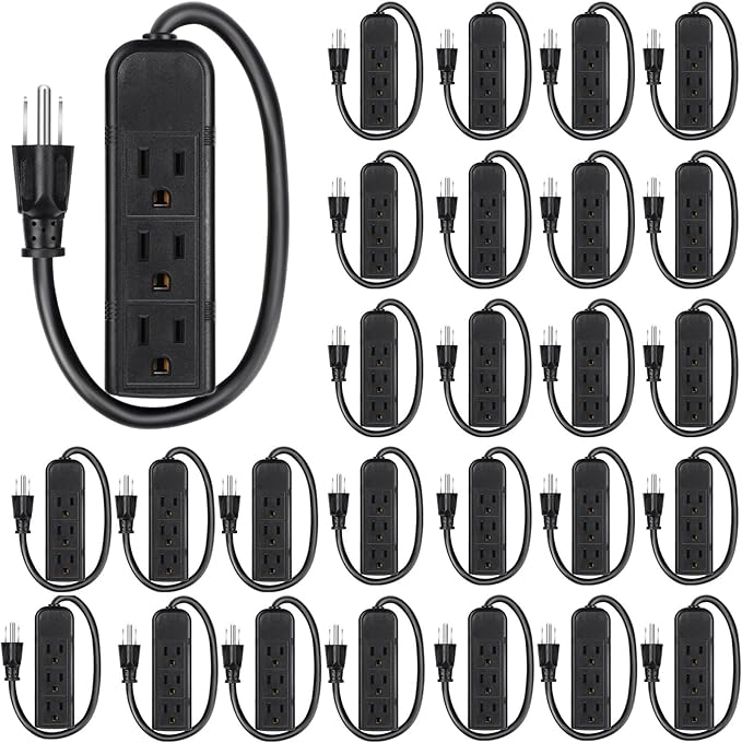 Copkim 36 Pack 3 Outlet Power Strip Extension Cord with Flat Plug Mini Cord 3 Ground Heavy Duty Mountable Outlets Strip for Computer Phone Home Office (1 ft,Black)