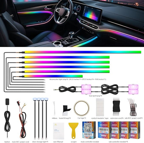 2026 Upgraded Dreamcolor Acrylic Interior Car LED Strip Light with Self-Developed App Dreamcolor RGB 14 in 1 | Dual Zone Control | Super Brighter Strips | Music Sync Ambient Lighting Car Interior