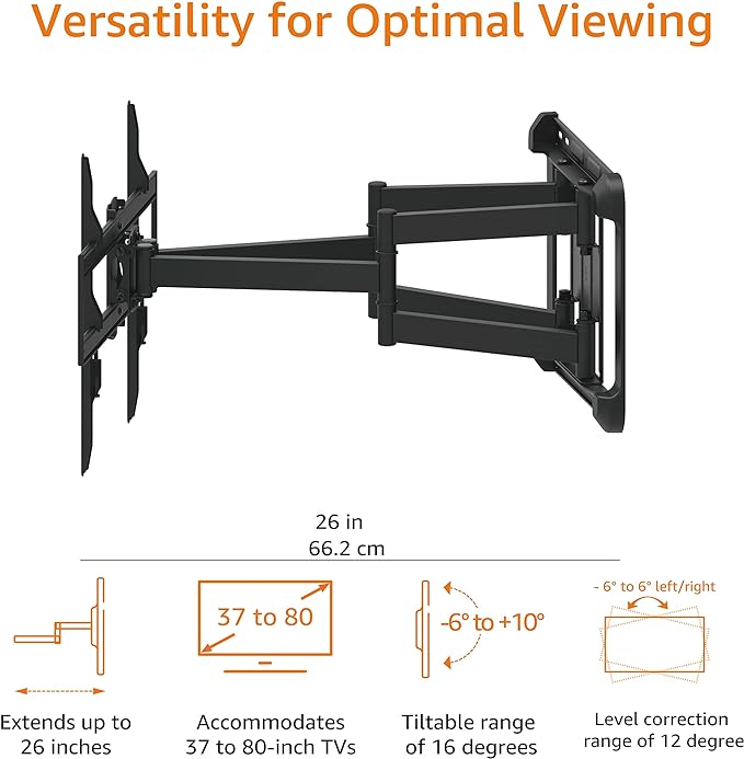 Amazon Basics Heavy Duty Extension Dual Arm, Full Motion Articulating TV Mount for 37" to 80" TVs up to 132 lbs, Fits LED LCD OLED Flat Curved Screens, Black