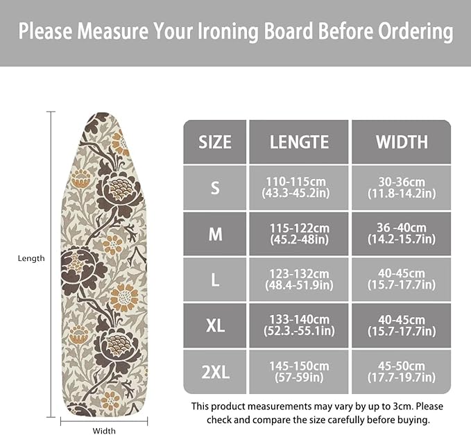 ZCFYGDX Elastic Ironing Board Covers Standard Size, William Morris Prints Ironing Board Straps/Cover and Fastener 17x49 Inch, Strongly Breathable and Doesn't Retain Moisture, Easy Installation