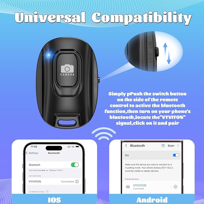 VYVIYON Bluetooth Camera Remote Shutter for iPhone and Android Smartphones, Rechargeable Wireless Phone Remote Control,Selfie Button for Photos and Videos, Charging Cable Included (2 Pack)