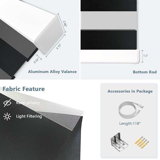 COOLWINDS Motorized Zebra Blinds for Windows Cordless Electric Curtains with Remote Control Blackout Shades Custom Smart Blinds Compatible with Alexa Google Home(Light Filtering Black,W34 X 72in)
