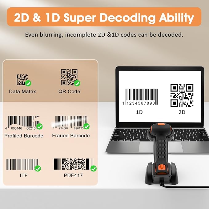 Symcode Bluetooth 2D QR Barcode Scanner with Charging Stand,Industrial Dustproof and Waterproof 3 in 1 Compatible with Bluetooth & 2.4GHz Wireless & Wired Connection with Vibration Alert Orange