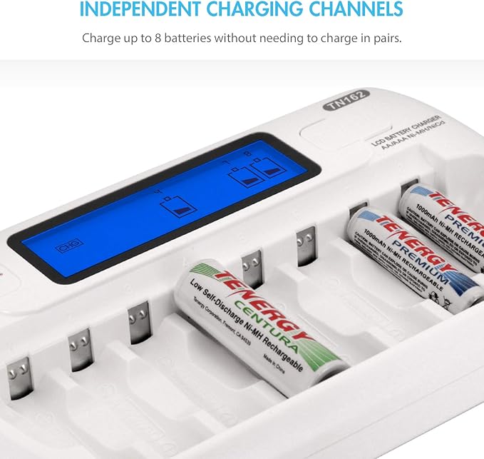 Tenergy Rechargeable Battery and Charger Combo TN162 - 8-Bay Smart AA/AAA NiMH/NiCd Charger + 8 pcs AAA NiMH Rechargeable Batteries