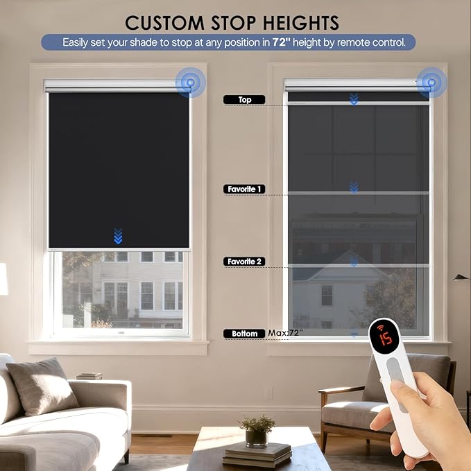 Motorized Roller Blinds with Remote Control & Solar Panel - 100% Blackout Smart Blinds, Automatic, Cordless, Electric Shades - Compatible with Alexa - Black, 34" W x 72" H