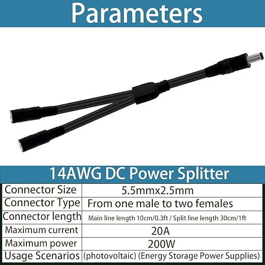 1.3FT 5.5mmx2.5mm 14AWG 12V/24V DC Power Splitter 1Male to 2Female High Power 5525 Connector for Solar Panel, Energy Storage Power Supply, Outdoor Power Supply, LED Strip Light 2pcs