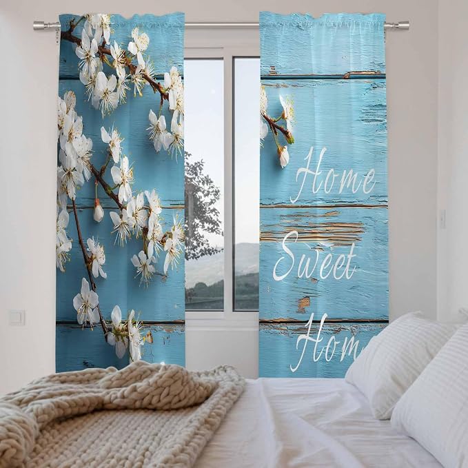 Farmhouse Wooden Grain Kitchen Curtains, Vintage Shabby Chic Flower Blue Light - Image 4
