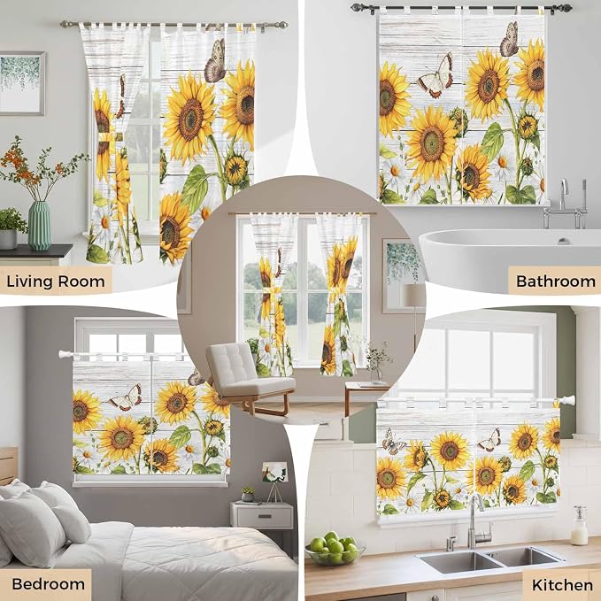 Yellow Sunflowers Bedroom Curtains 63 Inch Length, Window Curtains Tab Top - Image 7