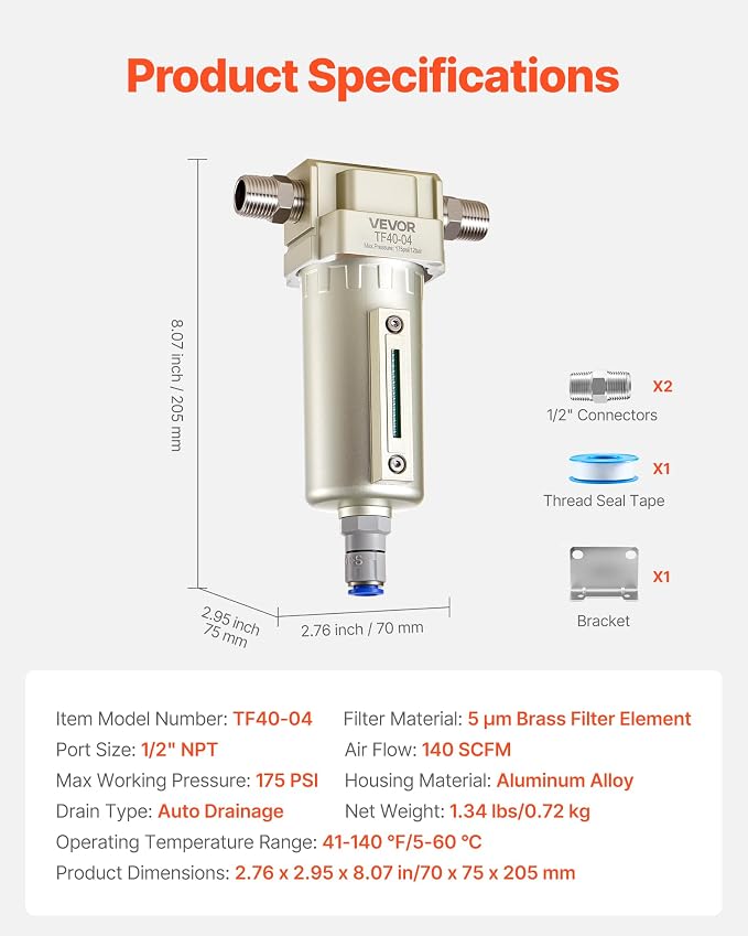 VEVOR Air Compressor Filter, 1/2" NPT Air-Dryer - Image 7