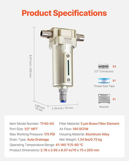 VEVOR Air Compressor Filter, 1/2" NPT Air-Dryer - Image 7
