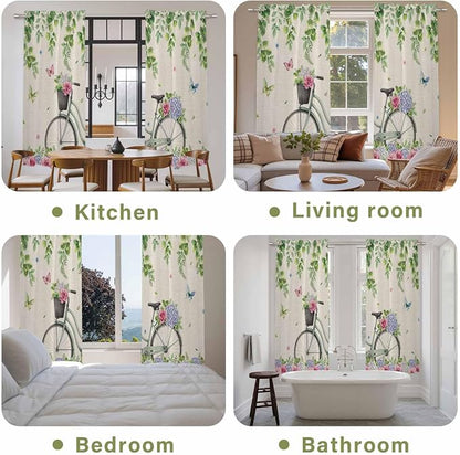 Farmhouse Spring Kitchen Curtains, Retro Bicycles Flowers Vines Butterfly Light - Image 8