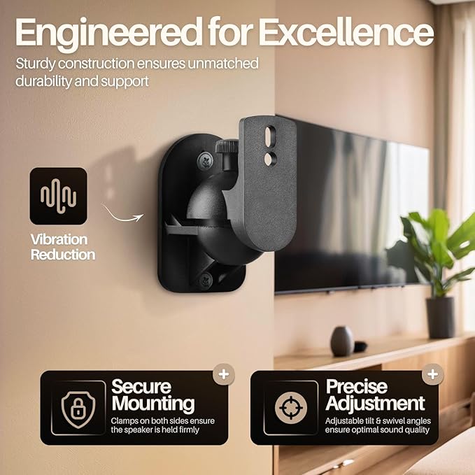 TNP Universal Satellite Speaker Wall Mount Bracket Ceiling Mount Clamp with Adjustable Swivel and Tilt Angle Rotation for Home Theater Surround Sound System Satellite Speakers - 2 Pack, Black