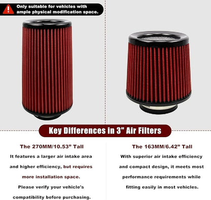 RYANSTAR RACING 76mm 3" High Flow Round Tapered Cone Cool Air Filter Cleaner - Image 4