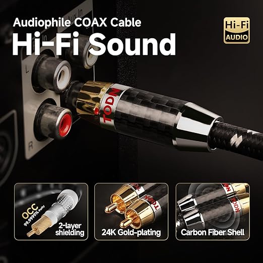 TODN HiFi Digital Coaxial Cable with OCC-Core 75-Ohm Audiophile SPDIF Coax RCA Audio Cable Supports Dolby, DTS, and 7.1 Surround Sound Digital Audio Formats (6.5ft /2m)