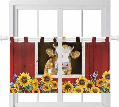Cows Sunflowers Kitchen Curtains 24 Inch Length, Small Window Curtains Tab Top by Unknown