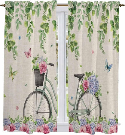 Farmhouse Spring Kitchen Curtains, Retro Bicycles Flowers Vines Butterfly Light by Unknown