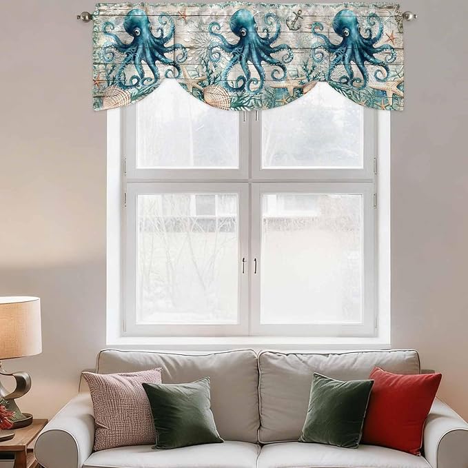 Sea Octopus Ocean Starfish Tie Up Valance Curtains, Nautical Anchor Vintage - Image 3