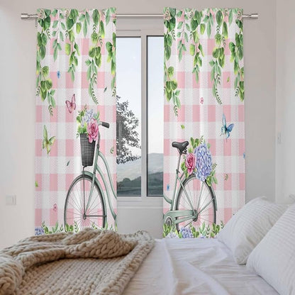 Spring Kitchen Curtains, Bicycles Leaves Butterfly Flowers Pink Buffalo Plaid - Image 4