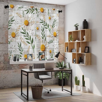 Spring Daisy Kitchen Curtains, Farmhouse Country Flower Leaf Plant Wood Grain - Image 6