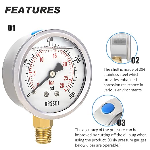 0-400 Psi Glycerin Liquid Filled Pressure Gauge, 2.5" Dial Size, 1/4" NPT Lower - Image 4