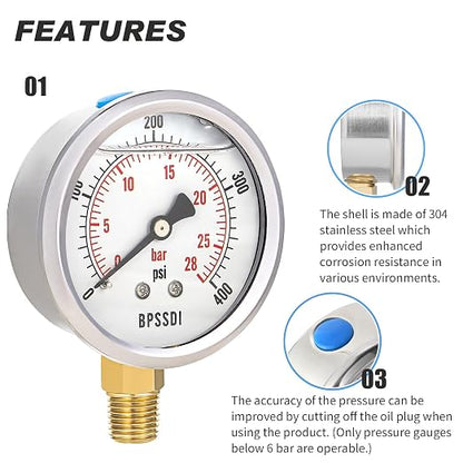 0-400 Psi Glycerin Liquid Filled Pressure Gauge, 2.5" Dial Size, 1/4" NPT Lower - Image 4