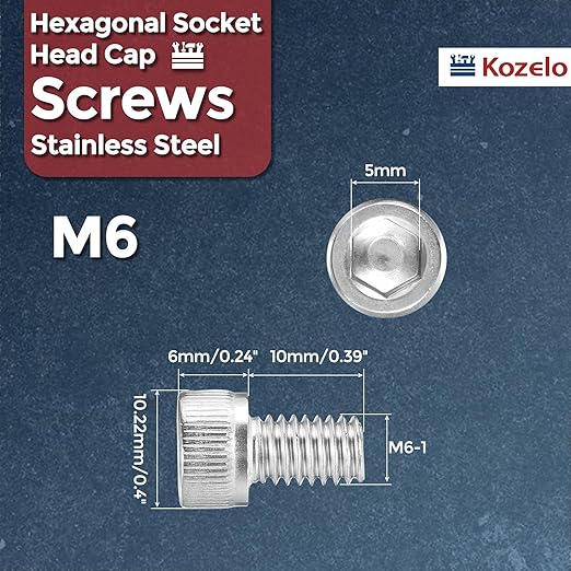 Kozelo 10pcs Socket Head Cap Screws - [M6-1 x 10mm] 304 Stainless Steel Allen Socket Drive for Electrical Motor 3D Printing Fan Engine Replacement Use, Silver