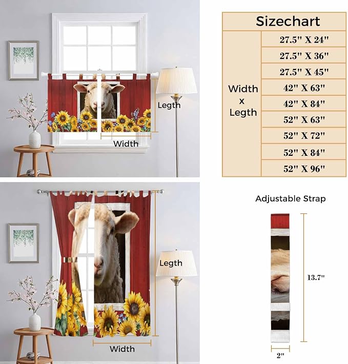 Sheep Sunflower Kitchen Curtains 45 Inch Length, Short Cafe Window Curtains Tab - Image 8
