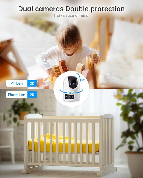 2K Indoor Cameras for Home Security, Dual-Lens Security Camera 360° PTZ for Baby Monitor Pet Cam, Built-in Spotlight, Night Vision, Motion Detection, 2-Way Audio, 2.4GHz & 5GHz WiFi, Works w/Alexa