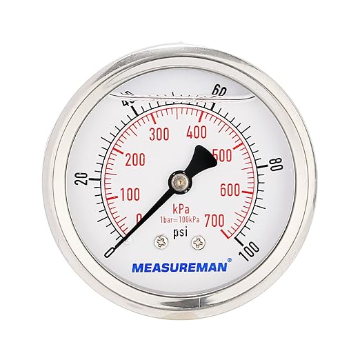 MEASUREMAN 2-1/2inch Dial Size, Glycerin Filled Pressure Gauge, 0-100psi/kpa - Image 2