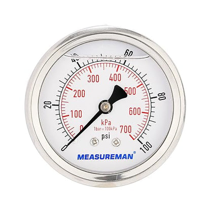 MEASUREMAN 2-1/2inch Dial Size, Glycerin Filled Pressure Gauge, 0-100psi/kpa - Image 2