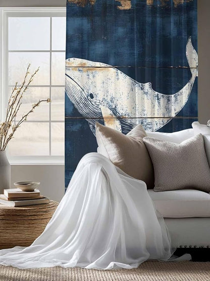 Sheer Curtains 63 Inch Length, Ocean Whale Blue Semi Sheer Curtains Light - Image 4