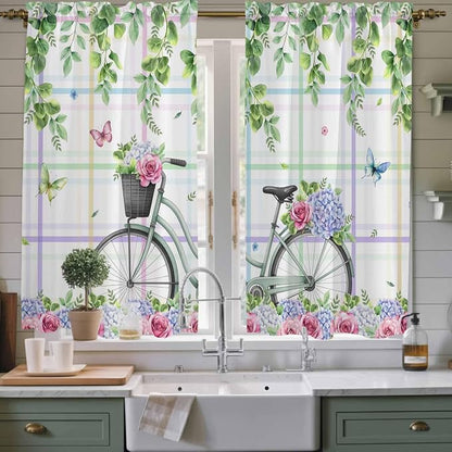 Spring Kitchen Curtains, Bicycles Botanical Leaves Rose Colorful Stripes Light - Image 2