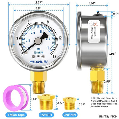 MEANLIN MEASURE 0~15Psi Dry Low Pressure Gauge Stainless Steel 1/4" NPT 2" FACE - Image 2