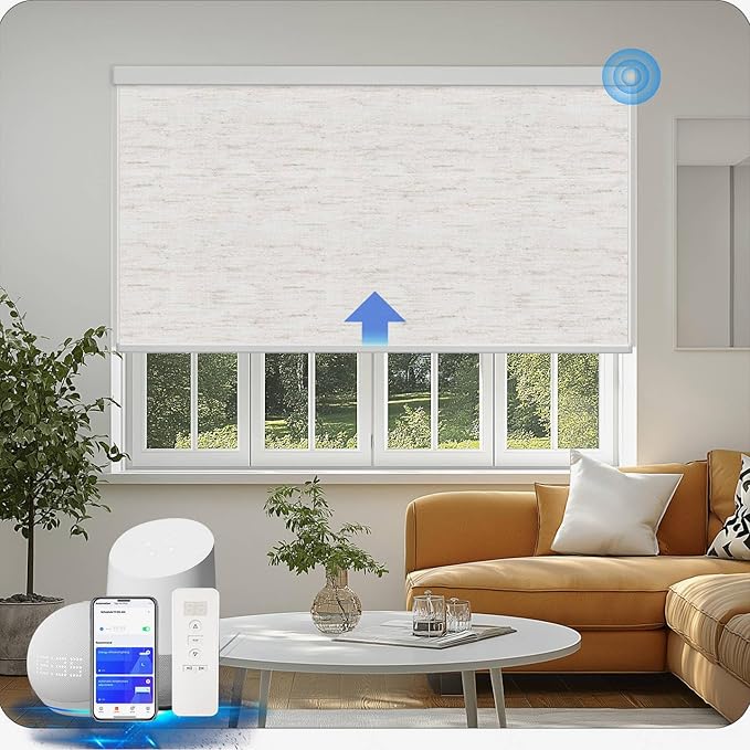 COOLWINDS Motorized Blinds with Remote Cordless Automatic Motorized Shades Custom Blinds for Windows Smart Curtains Compatible with Alexa Google Home(Blackout Linen Sandy Beach,W43 x H72in)