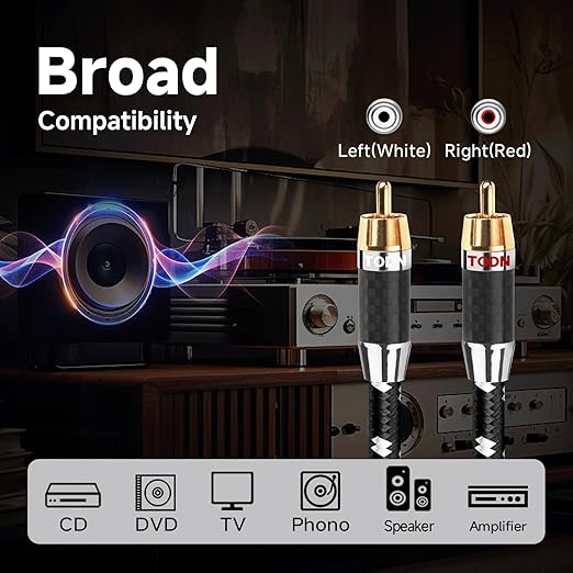 TODN Audiophile RCA Cables Stereo Shielded HiFi 2RCA Male to Male for Subwoofer, Phono, Car Audio (1.64ft/0.5m, 1 Pair)