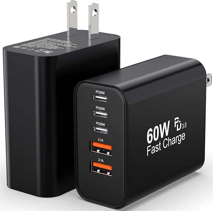 USB C Charger Block, 2-Pack 60W 5 Ports USBC Wall Charger Plug Fast Charging, iPhone Charger QC Multiport PD Adapter Chargers, Type C Box Brick Cube for iPhone 17 16 15 14 13 Pro Max, Samsung