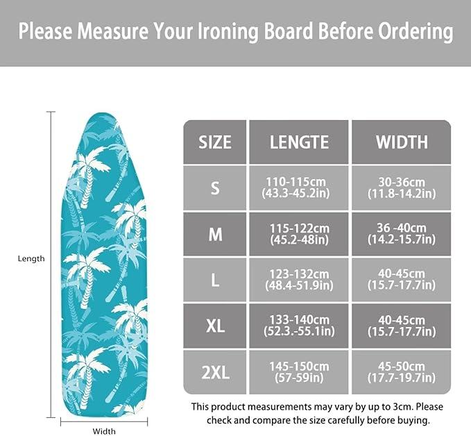 ZCFYGDX Ironing Board Covers,Elastic Edge 3 Bottom Nylon Buckle Straps, Stain Resistant & Resistant Scorch, Easy to Installation Fasteners Minimalist Palm Leaf Print Decor Size-XL 15 x 54