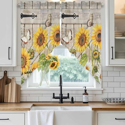 Farm Flowers Swag Valances for Windows, Retro Sunflowers Barn Doors Butterfly - Image 2