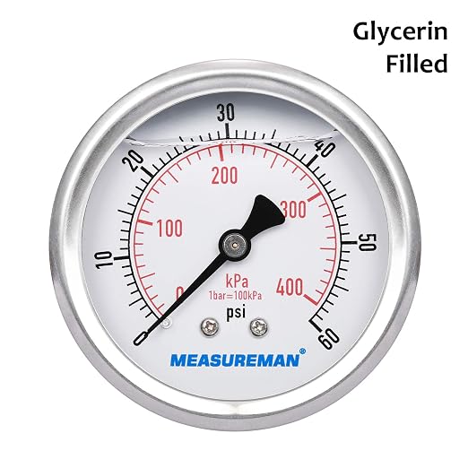 MEASUREMAN 2-1/2inch Dial Size, Liquid Filled Pressure Gauge, 0-60psi/400kpa - Image 3