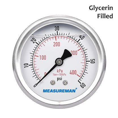 MEASUREMAN 2-1/2inch Dial Size, Liquid Filled Pressure Gauge, 0-60psi/400kpa - Image 3