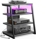 Besiost AV Media Stand with Outlets, Media Console with LED Lights, Stereo Racks and Stands with Storage Shelves, Media Audio Tower Stand, Light Grey Walnut