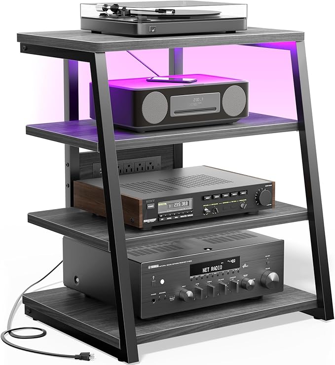 Besiost AV Media Stand with Outlets, Media Console with LED Lights, Stereo Racks and Stands with Storage Shelves, Media Audio Tower Stand, Light Grey Walnut