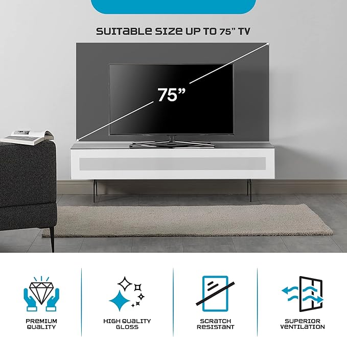 SONOROUS ST-360 Premium TV Stand for Living Room – Modern TV Stands & Entertainment Center with Storage – Black Wood & White Glass Cover – Luxury Media Console with Metal Legs for TVs up to 75 inches