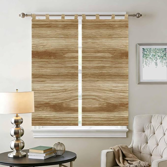 Light Brown Wood Grain Bathroom Curtains 63 Inch Length, Window Curtains Tab Top - Image 2