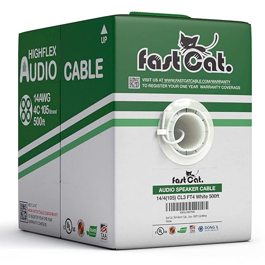 fast Cat. Speaker Wire 14 Guage 4C, UL Listed & CMR/CL3R-FT4 Rated - Speaker Cable w/PVC Jacket, 100% Oxygen-Free Pure Bare Copper - (105) HighFlex 14 Guage Wire - in-Wall Use-500ft Bulk Cable, White