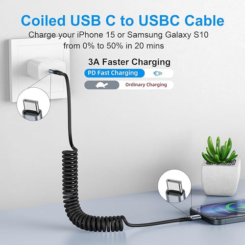 2Pack Coiled USB C to USB C Charger Cable for Car, Type C Fast Charging USBC Charger Cord Compatible with 17/1615/15 Plus/15 Pro/15 Pro Max/Samsung Galaxy S23