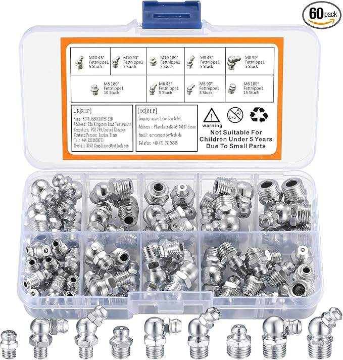 60 Pcs Metric Grease Fittings Kit, Hydraulic Grease Zerk Assortment Kit by MUZHUPGUZ
