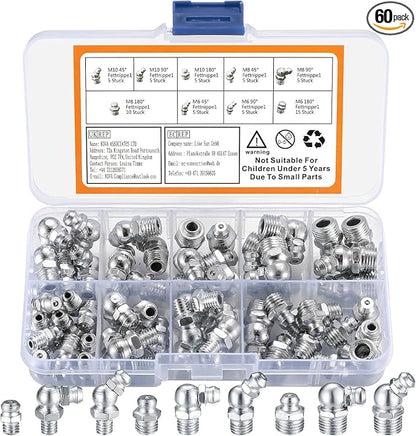 60 Pcs Metric Grease Fittings Kit, Hydraulic Grease Zerk Assortment Kit by MUZHUPGUZ